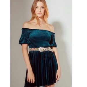 UO Clara Velvet Smocked Off Shoulder Dress